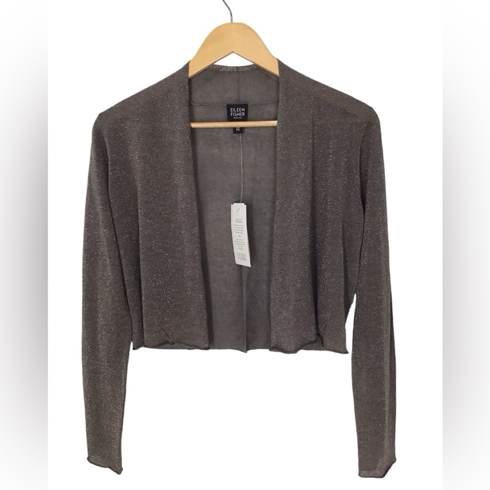 Eileen Fisher Taupe Plaited Shimmer Linen Blend Simple Cropped Cardi NEW
